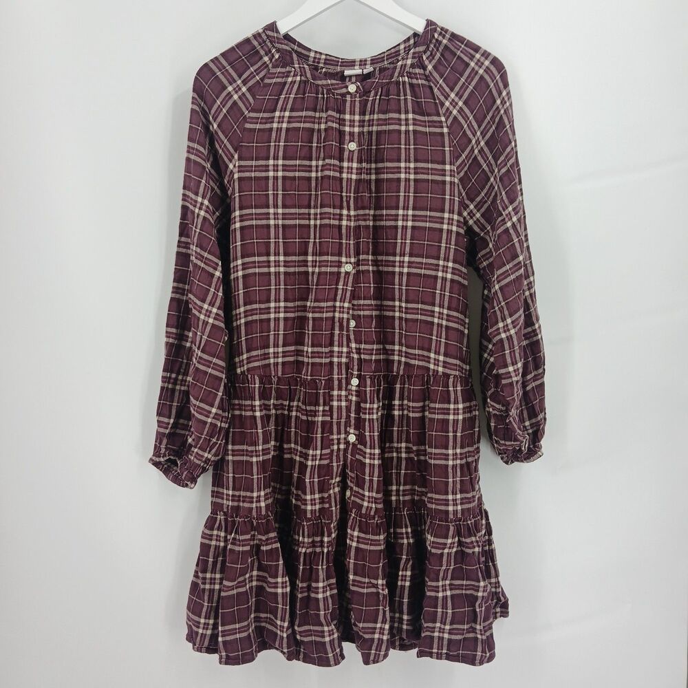 GAP Womens size XL Plaid Long Sleeve Tiered Smocked Dress red Purple Burgundy